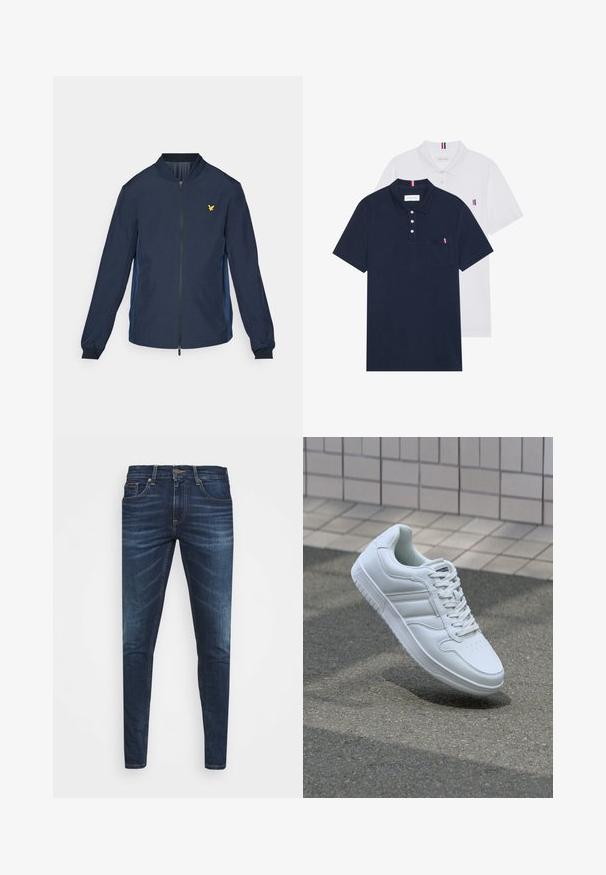 Marineblauer Bomberjacke mit Reißverschluss vorne, seitlichen blauen Einsätzen, gerippten Bündchen und einem kleinen goldenen Adler-Logo auf der Brust. Leichtes Material.; Zwei Poloshirts: eines in marineblau und eines in Weiß, beide mit einem kleinen rot, weiß und blauen Akzent auf der Brusttasche und dem Kragen.; Dunkelblaue Jeans im Slim Fit mit subtiler Verwaschung, fünf Taschen und einem Metallknopfverschluss. Genähte Akzente in kontrastierender Farbe.; Weiße sportliche Sneaker mit Obermaterial aus glattem Leder, Schnürfront, durchlöchtem Zehenbereich und gemusterter Sohle. Minimalistisches Design mit drei Seitenstreifen.