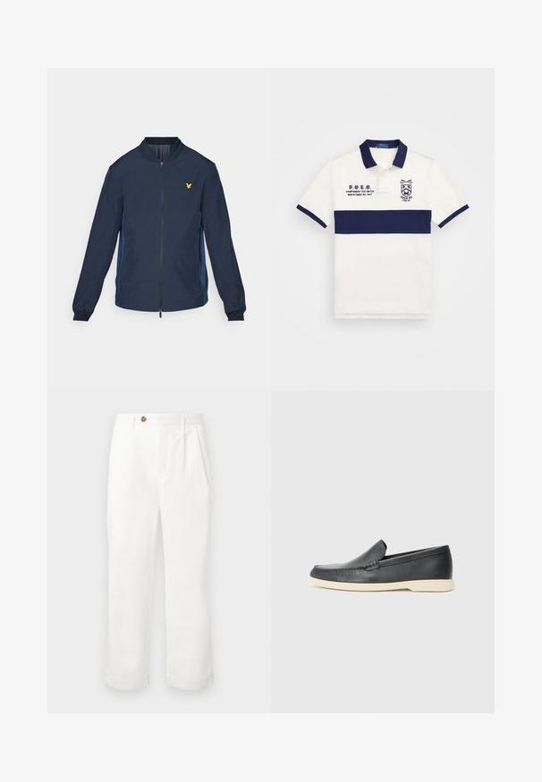 Navy bomber jacket featuring a zip front, side blue panels, ribbed cuffs, and a small gold eagle logo on the chest. Lightweight material.; White polo shirt with navy blue horizontal stripe, embroidered logo, and text detailing on the left side; classic collar and short sleeves.; White cotton trousers with a straight cut, featuring two front pleats, a single button closure, and side pockets. Smooth texture.; Black leather slip-on loafers with a textured finish and a contrasting beige rubber sole. Features a subtle accent along the front.