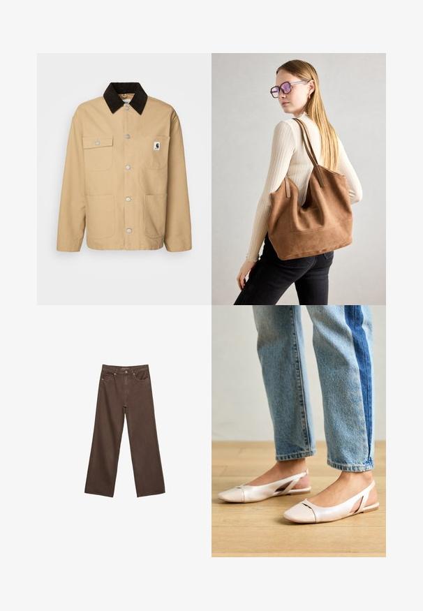 Carhartt WIP MICHIGAN - Summer jacket - dusty brown/tobacco rinsed; Dark brown knitted sweater with a crew neckline, dropped shoulders, ribbed cuffs, and hem, featuring a soft texture and relaxed fit.; Wide-leg brown jeans made of denim, featuring a high waist, front pockets, and a classic button closure. Smooth texture with subtle stitching.; Pale pink slingback flats with a pointed toe, made from a smooth leather-like material. Features cut-out details at the sides and a flat heel.; Brown suede tote bag with soft texture, large opening, and long straps. Features a simple design with visible stitching and no hardware.