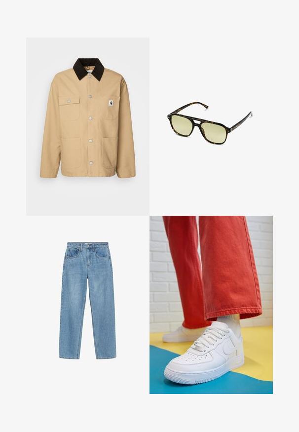 Carhartt WIP MICHIGAN - Summer jacket - dusty brown/tobacco rinsed; Two long-sleeve turtleneck tops, one white and one black, made of a smooth, stretchy fabric, both featuring slim-fitting design and high collars.; Light blue denim jeans with a straight cut, high waist, two front pockets, and a classic button closure. Subtle fading and no embellishments.; White leather sneaker with perforated toe box, textured sole, and white laces, paired with wide red pants and a blue and yellow background.; Tortoiseshell sunglasses with a rectangular shape, green-tinted lenses, and patterned acetate frames. Features metal accents near the lenses.