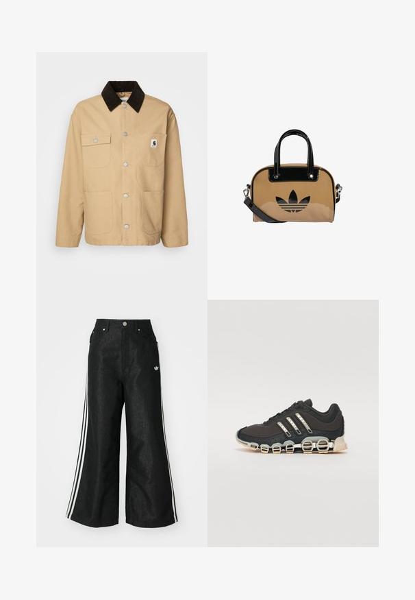 Carhartt WIP MICHIGAN - Veste légère - dusty brown/tobacco rinsed; T-shirt en coton noir à manches courtes, avec un grand design argenté et marron du logo Adidas et des trois bandes à l'avant.; Pantalon en denim large noir avec trois accents de rayures blanches de chaque côté et un petit logo blanc. Dispose de poches avant et d'une fermeture à bouton.; Chaussure de sport noire avec un dessus texturé, trois bandes argentées et une semelle amortissante distinctive comportant plusieurs sections intégrées.; Sac à main beige avec des accents en cuir verni noir, de forme arrondie, double anses, et un logo noir en relief à l'avant.