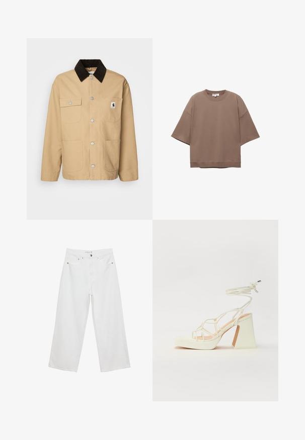 Carhartt WIP MICHIGAN - Let jakke / Sommerjakker - dusty brown/tobacco rinsed; Brun oversized T-shirt, korte ærmer, rund halsudskæring, lavet af blødt bomuldsstof, har et enkelt design og minimale syninger.; Hvide bukser med bred benvidde lavet af denim med høj talje, der har fem lommer og metalhardware. Glat tekstur, uden synlige mønstre.; Hvide højhælede sandaler med en kraftig hæl, der har et stropdesign og ankelbinding. Glat tekstur med en platform foran for ekstra højde.