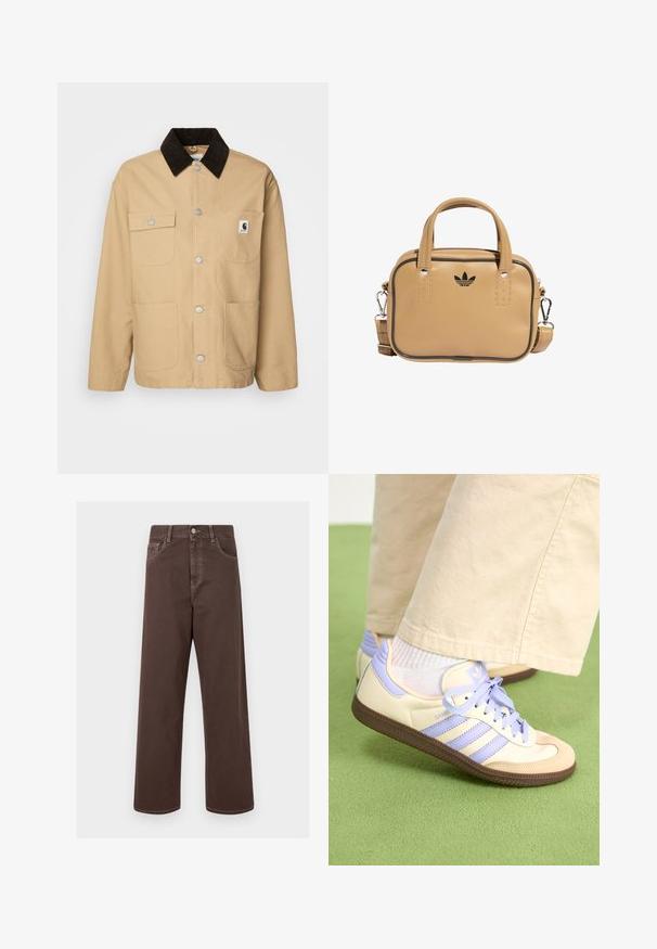 Carhartt WIP MICHIGAN - Veste légère - dusty brown/tobacco rinsed; T-shirt en coton marron à manches courtes, col rond et logo Adidas blanc centré sur la poitrine, avec un design épuré et une coupe décontractée.; Pantalons en denim marron à jambes larges avec des coutures contrastées, cinq poches et un bouton métallique. Texture lisse, coupe droite.; Baskets crème et lavande avec trois bandes et une semelle marron texturée, dotées de lacets et d'un talon rembourré. Tige en tissu doux.; Sac en cuir végétalien tan avec deux poignées, sangle d'épaule détachable, couture accent noire et un petit logo noir sur le devant.