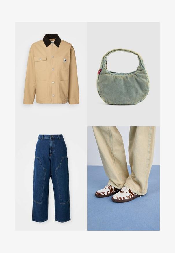 Carhartt WIP MICHIGAN - Giacca leggera - dusty brown/tobacco rinsed; T-shirt in cotone beige con vestibilità comoda, scollo rotondo, maniche corte e un piccolo logo quadrato sulla parte sinistra del petto.; Jeans a gamba larga in denim scuro con vita alta, caratterizzati da ampie tasche frontali e cuciture a contrasto. Il tessuto ha una leggera texture.; Sneakers bianchi e marroni con motivo, realizzati in rete e pelle, dotati di suole in gomma marrone. Combinati con pantaloni larghi di un beige chiaro.; Borsa in denim blu chiaro con manico corto imbottito e piccolo tag rosso con il logo Levi's sul lato, posizionata su uno sfondo uniforme.