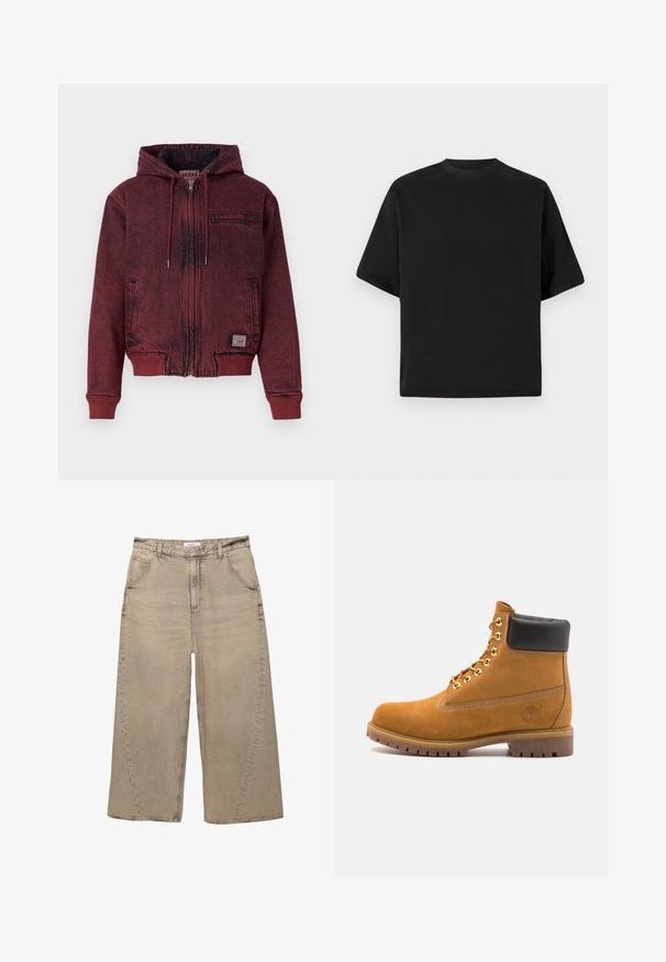 Punainen vetoketjullinen huppari, jossa on teksturoitu pinta, ribbikuvioidut hihansuut ja helma, säädettävä nauha, ja rintatasku. Sivun brändilistaus.; Musta lyhythihainen T-paita väljästi istuvana, valmistettu sileästä puuvillasta, jossa on pyöreä pääntie ja minimalistinen muotoilu.; PULL&BEAR MEGA BAGGY - Baggy-farkut - light grey; Valkoinen nahkainen nilkkuri mustalla pehmustetulla kauluksella, kultaisilla metallisilla rei'illä, valkoisella ompeluksella ja jykevällä kumipohjalla, jossa on selvästi näkyvät urat.