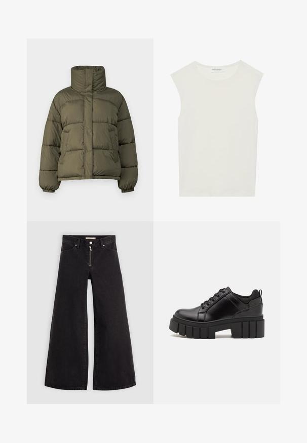Olive green puffer jacket with a high neck, quilted design, elastic cuffs, and a relaxed fit. Features side pockets and smooth texture.; White sleeveless top with a round neckline. Made of smooth fabric, it features a relaxed fit and minimalist design. No patterns or accents.; Wide-leg jeans in black denim with a zippered front, five-pocket design, and subtle stitching details. Smooth texture and casual style.; Black leather platform shoes with a chunky block heel, round toe, and traditional lace-up design. Features smooth texture and minimal detailing.