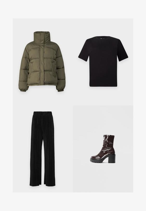 Jachetă puffer de culoare verde măslin cu gât înalt, design matlasat, mansete elastice și o croială lejeră. Are buzunare laterale și o textură netedă.; Tricou scurt negru cu mânecă scurtă și guler rotund, realizat dintr-un material de bumbac moale. Design simplu, fără logo-uri sau modele vizibile.; Pantaloni negri plisati cu talie elastică. Prezintă picioare largi și un material neted, texturat, cu dungi verticale.; Botine lucioase burgundy, cu toc gros negru, având o textură netedă și un design simplu. Fără închideri sau modele vizibile.