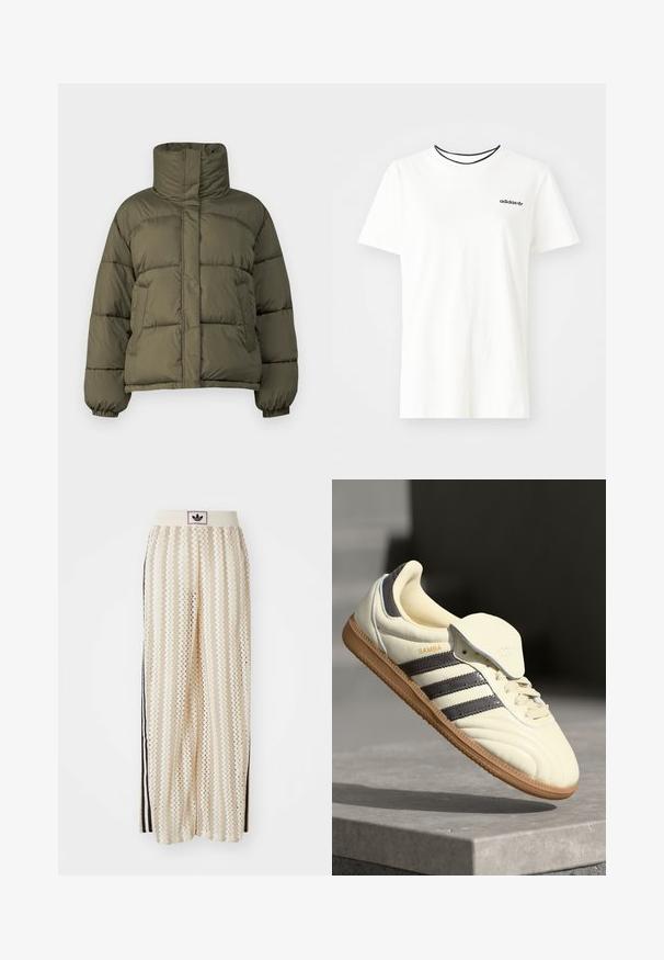 Chaqueta de plumas verde oliva con cuello alto, diseño acolchado, puños elásticos y corte relajado. Cuenta con bolsillos laterales y textura suave.; Camiseta de algodón blanca con manga corta y escote redondo. Presenta un logo negro de Adidas en el pecho y un cuello interior negro en contraste.; Pantalones de pierna ancha en color crema con un patrón en zigzag, que cuentan con una cinturilla con logo negro y franjas negras en los laterales. Tejido ligero y texturizado.; Zapatilla de cuero crema con tres rayas oscuras, suela de goma marrón y punta redondeada. Cuenta con una lengüeta plegable etiquetada como "SAMBA".
