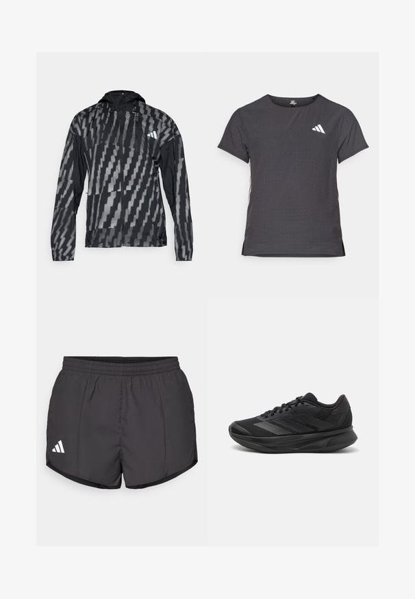 Crna i siva lagana jakna s kapuljačom, sa geometrijskim uzorkom, patentnim zatvaračem sprijeda i elastičnim manžetama. Namijenjena za vanjsku upotrebu.; Majica kratkih rukava za sport, tamno siva s perforiranim uzorkom. Ima bijeli logo i kontrastne bočne pruge. Zaobljeni izrez.; Crne atletske kratke hlače od laganog materijala, s elastičnim pojasom i bijelim Adidas logotipom na donjoj lijevoj strani.; Crne trkaće tenisice s prozračnom mrežastom gornjom konstrukcijom, zaobljenim prstima, elegantnim dizajnom, teksturiranim detaljima i mekanim potplatom za udobnost.