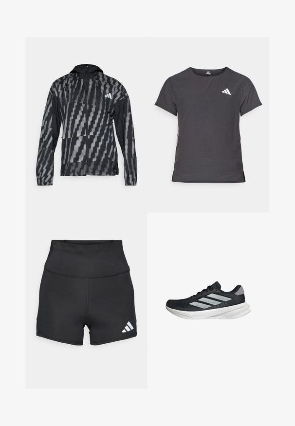 Crna i siva lagana jakna s kapuljačom, sa geometrijskim uzorkom, patentnim zatvaračem sprijeda i elastičnim manžetama. Namijenjena za vanjsku upotrebu.; Majica kratkih rukava za sport, tamno siva s perforiranim uzorkom. Ima bijeli logo i kontrastne bočne pruge. Zaobljeni izrez.; adidas Performance Tajice - black; Crne trkačke tenisice s mrežastim gornjim dijelom, tri srebrne pruge, bijeli srednji sloj i teksturirani potplat. Sadrži podstavljeni ovratnik i zatvaranje s vezicama.