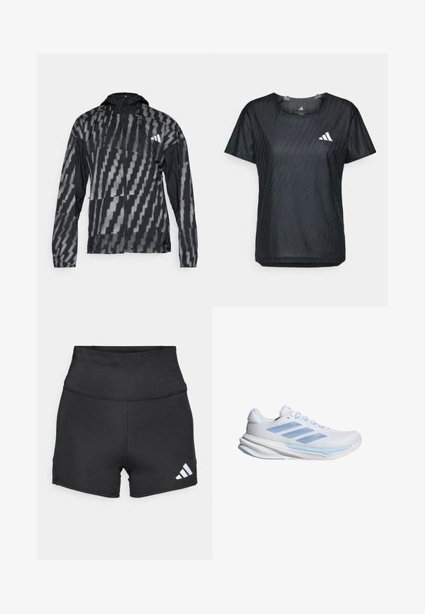 Čierna a šedá ľahká bunda s kapucňou, so geometrickým vzorom, zipsom na prednej strane a elastickými manžetami. Navrhnutá na vonkajšie používanie.; Čierne atletické tričko s okrúhlym výstrihom, krátkymi rukávmi a textúrovanou látkou s jemným vzorom. Na prednej strane má biele logo.; adidas Performance Legíny - black; Biele bežecké topánky s svetlomodrými detailmi, priedušný zvršok z textilu, dizajn s tromi pruhmi, polstrovaná podrážka a textúrovaná vonkajšia podrážka pre lepšiu trakciu.