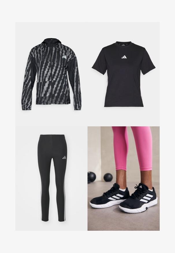 Μαύρο και γκρι ελαφρύ μπουφάν με κουκούλα, που διαθέτει γεωμετρικό σχέδιο, φερμουάρ μπροστά και ελαστικές μανσέτες. Σχεδιασμένο για εξωτερική χρήση.; Μαύρο κοντομάνικο μπλουζάκι φτιαγμένο από μαλακό ύφασμα. Διαθέτει λευκό λογότυπο της Adidas και αντίθετες λευκές ρίγες κατά μήκος των πλαισίων.; Μαύρο κολάν από ελαστικό υλικό με άσπρες πλαϊνές ρίγες και ένα μικρό ανακλαστικό λογότυπο στην επάνω αριστερή πλευρά.; Μαύρα αθλητικά παπούτσια με λευκές ρίγες, με επάνω μέρος από υφαντό πλέγμα και λευκή σόλα. Φορεμένα με ροζ κολάν, επιδεικνύοντας ρουχισμό προπόνησης.