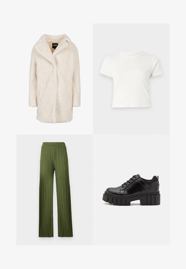 Palton oversize din blană moale cu guler din șal, două buzunare laterale și textură catifelată. Design simplu, fără închideri sau embellishments vizibile.; Tricou scurt, alb, din bumbac, cu mâneci scurte, decolteu rotund și margine dreaptă, având o textură netedă și un design minim.; Pantaloni largi, plisati, de culoare verde, cu talie elastică. Materialul texturat are dungi verticale pentru un aspect fluid.; Pantofi cu talpă plată din piele neagră, cu toc gros, vârf rotund și design tradițional cu șireturi. Prezintă o textură netedă și detalii minime.