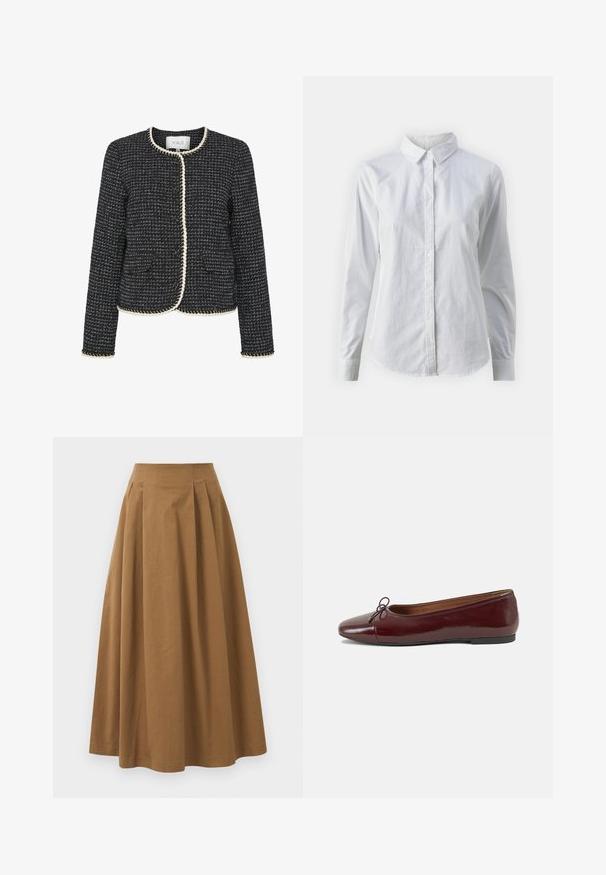 Veste en tweed noir et blanc avec un col rond, un bord en tressé et deux poches avant. Présente un motif texturé sur l'ensemble.; Chemise blanche à manches longues en coton lisse, dotée d'un col classique et d'un ourlet arrondi. Les boutons sont petits et blancs.; Jupe A-line en coton brun avec taille haute, dotée de plis sur le devant et d'une texture lisse. Les finitions de l'ourlet sont nettes et simples.; Ballerines en cuir verni bordeaux avec un bout rond, un petit nœud décoratif à l'avant et une semelle en caoutchouc noire basse. Texture lisse.
