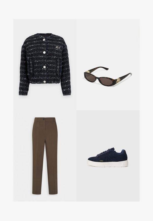 Sacou din tweed albastru cu un finisaj texturat, având mâneci lungi, guler rotund și butoane argintii. Logo brodat în partea din față.; Cămașă bleumarin cu dungi, cu guler, mâneci lungi și margine curbată. Materialul pare neted și ușor. Închidere cu buton pe față.; Pantaloni maro cu picior drept, cu bucle pentru curea și un singur buton frontal, expuși pe un fundal alb.; Adidași din suede albastru marin cu talpă din cauciuc alb. Prezintă șireturi rotunde, un design cu profil redus și un mic logo aurit pe lateral.; Ochelari de soare din țiglă cu lentile ovale alungite, nuanță maro, accente cu logo auriu pe brațele laterale și brațe negre elegante.