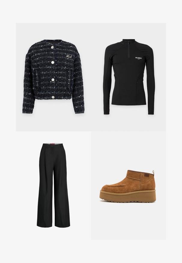 Sininen tweed-takki, jossa on tekstuuri, pitkät hihat, pyöreä kaula-aukko ja hopeiset napit. Brodeerattu logo edessä.; Mustapituinen pitkähihainen urheilu toppi, joka on valmistettu joustavasta materiaalista. Topissa on neljännes-vetoketjukaulus, sivutaskut sekä "SILENCE" -logo rinnassa.; Mustat leveälahkeiset housut, joissa on muotoiltu malli, pleateilla ja sileällä kankaan rakenteella. Siistit linjat ilman näkyviä varusteita tai korostuksia.; Ruske nubuk ankle støvler med rund tå, plattformsåle og stikkingdetaljer. Har en trekksløyfe på baksiden for enkel påkledning.