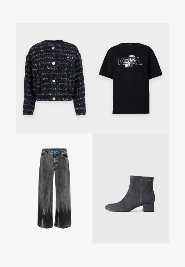 Blazer de tweed azul com um acabamento texturizado, apresentando mangas longas, um colarinho redondo e botões prateados. Logótipo bordado na frente.; T-shirt de algodão preta com uma impressão gráfica de duas figuras de cartoon com óculos de sol, acompanhadas pelo texto "KARL" em letras grandes.; Calças de ganga de perna larga em denim preto desbotado, apresentando um efeito de dip-dye, acessórios em aço e um design clássico de cinco bolsos com cintura padrão.; Bota de tornozelo em denim escuro com bico pontiagudo, salto bloco, costura visível e um discreto logo da marca na lateral. Textura suave.
