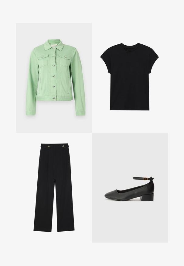 Lys grøn denimjakke med lange ærmer, krave, for-tryknapper og to brystlommer. Glat tekstur med sølvfarvede hardware detaljer.; Sort bomulds T-shirt med rund halsudskæring, korte ærmer og en afslappet pasform. Glat tekstur uden synlige mønstre eller udsmykninger.; Sorte vide bukser med høj talje, knapdetaljer på taljebåndet og frontfald.; Sorte læderpumper med spids tå og en lav blokhæl. Har en ankelrem med en guldfarvet spænde. Glat tekstur.