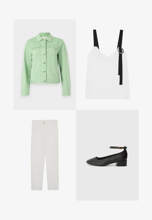 Chaqueta de mezclilla verde claro con mangas largas, cuello, botones frontales y dos bolsillos en el pecho. Textura suave con detalles en tono plateado.; Top blanco sin mangas con escote en V, con tirantes negros y un detalle de anillo plateado. Tejido suave y un diseño moderno y minimalista.; Pantalones blancos, ajustados, con un diseño de pierna recta, que cuentan con un cierre de botón, lazos para cinturón y bolsillos laterales; textura de tela suave.; Zapato de tacón negro de cuero con punta afilada y tacón bajo cuadrado. Presenta una correa para el tobillo con una hebilla en tono dorado. Textura suave.