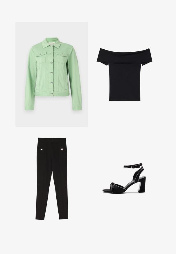 Vaaleanvihreä farkkutakki pitkillä hihoilla, kauluksella, etupainikkeilla ja kahdella rintataskulla. Sujuva pinta ja hopeanväriset varusteet.; Mustat olkaimeton paita, joka on valmistettu pehmeästä joustavasta kankaasta. Ominaisuuksiin kuuluvat lyhyet hihat ja kirkas istuvuus. Yksinkertainen, saumatoin muotoilu.; Musta räätälöity housut, joissa on sileä pinta, kahdella etutaskulla, joissa on koristeelliset metalliosat, ja slim-fit-muotoilu.; Musta mokkanahkainen korollinen sandaali, jossa on leveä lohkopohja, säädettävä nilkkahihna, avonainen varvasmuotoilu ja kontrastivärinen ompelu.