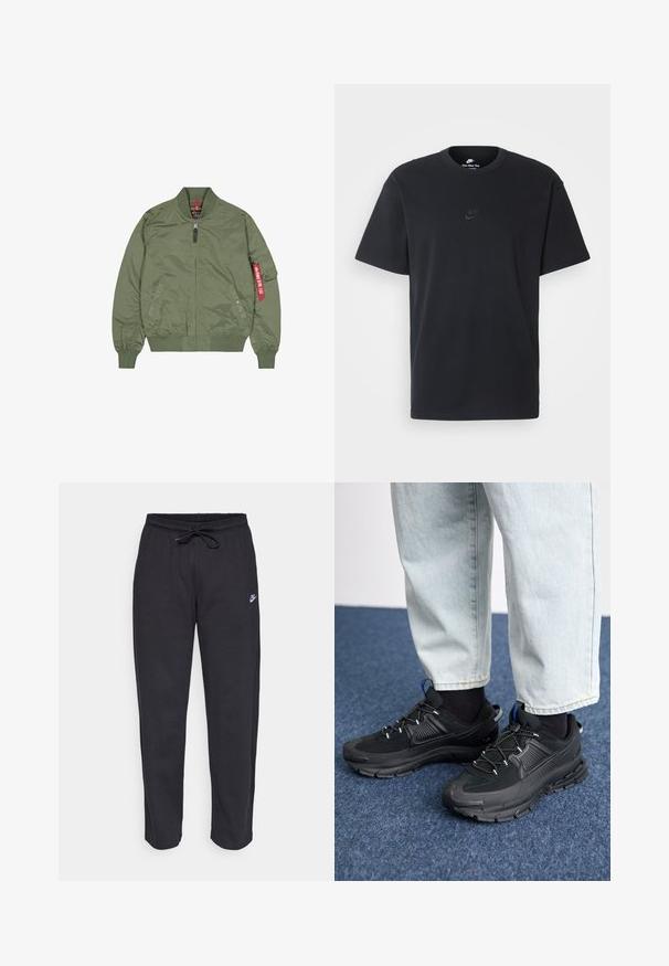 Olivovo zelená bomber bunda, nylonový materiál, predný zips, rebrované manžety a spodný lem, bočné vrecká, obsahuje červený štítok na ľavom rukáve.; Čierne bavlnené tričko Nike s klasickým okrúhlym výstrihom, krátkymi rukávmi a jemne embosovaným logom na hrudi. Hladká textúra.; Čierne tepláky vyrobené z mäkkej tkaniny s elastickým pásom, sťahovacou šnúrkou a malým logom Nike na ľavom stehne.; Čierne športové topánky s textúrovanou tkaninou a gumovou podrážkou, so elastickými šnúrkami a modrým akcentom na päte. Nosia sa s svetlými riflami.