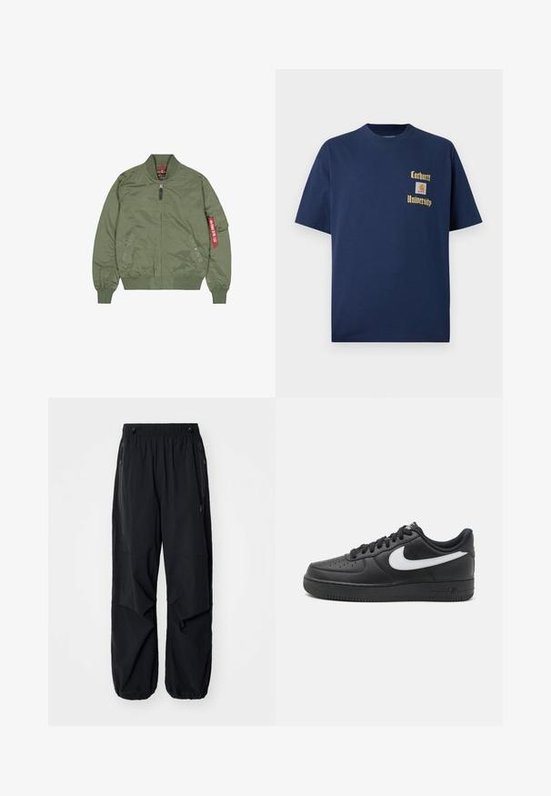 Olivno zelena bomberska jakna, iz najlona, zadrga spredaj, rebrasti manšeti in spodnji del, stranski žepi, z rdečo oznako na levem rokavu.; Navy modra bombažna majica s kratkimi rokavi, z zlatim napisom "Carhartt University" in logotipom na levem prsnem delu.; Črne lahke cargo hlače z elastičnim pasom, stranskimi zadrgami in prostornimi žepi. Imajo ohlapno prileganje in zožene manšete.; Črne Nike Air Force 1 športne copate z gladkim usnjenim zgornjim delom, belim logotipom, perforiranim prstnim delom in teksturiranim gumijastim podplatom.