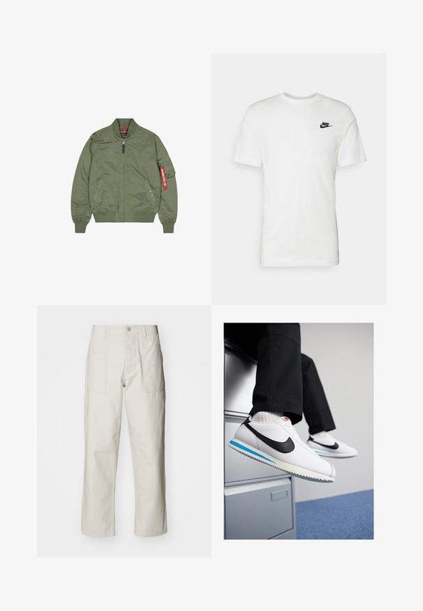 Olivgrüne Bomberjacke aus Nylonmaterial, mit Reißverschluss vorne, gerippten Bündchen und Saum, seitlichen Taschen, mit rotem Schlaufen-Detail am linken Ärmel.; Weißes Baumwoll-T-Shirt mit kurzen Ärmeln, rundem Halsausschnitt und einem schwarzen Nike-Logo auf der linken Brust. Glatte Textur und klassische Passform.; Helle beige weit geschnittene Hose aus Baumwolle. Verfügt über Fronttaschen und einen Knopfverschluss. Glatte Textur mit dezenten vertikalen Streifen.; Weisse Ledersneaker mit schwarzem Nike-Swoosh, hellblauem und grauem Gummisohle sowie klassischem Schnürdesign. Füße ruhen auf einem Aktenschrank.