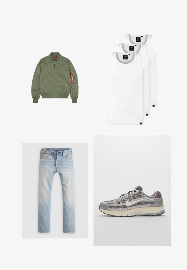Olīvzaļš bomber jakas, neilona materiāls, ar rāvējslēdzēju priekšā, ribota apkakle un apakšmala, sānu kabatas, ar sarkano uzlīmi kreisajā piedurknē.; Trīs baltas ribotas krūšturi, kas izgatavoti no kokvilnas. Iezīmēti ar apaļu kakla izgriezumu un maziem melniem etiķetēm tuvu apakšmalai. Pieejami vairākos izmēros.; Gai zilu džinsi, taisnā griezumā, ar nolietotu apdari. Aprīkoti ar piecām kabatām, pogu aizdari un oranžiem izšuvumiem.; Pelēkie sporta apavi ar tīkla un zamša augšdaļu, baltiem akcentiem, mīkstinātu zoli un izcilu dizainu ar atstarotājiem.