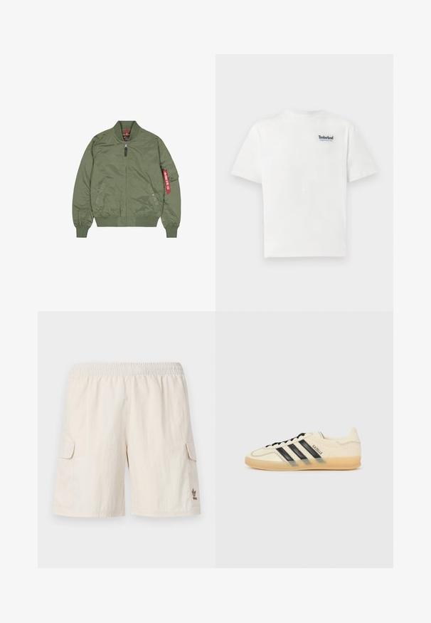 Olivegrønn bomberjakke, nylonmateriale, glidelås foran, ribbestrikkede mansjetter og kant, sidelommer, har rød merkelappdetalj på venstre erme.; Hvit bomull T-skjorte med blå brodert "Timberland Rugged Active Gear"-logo på øvre venstre bryst. Korte ermer og rund hals.; Beige cargo shorts med elastisk midje, to sidelommer, og en liten logo på nederste høyre side. Jevn, lett stoff.; Lys kremfarget sneaker med svart tre-stripes design, teksturert overdel, rund tå og gummisåle. Har snøring og merke på siden.