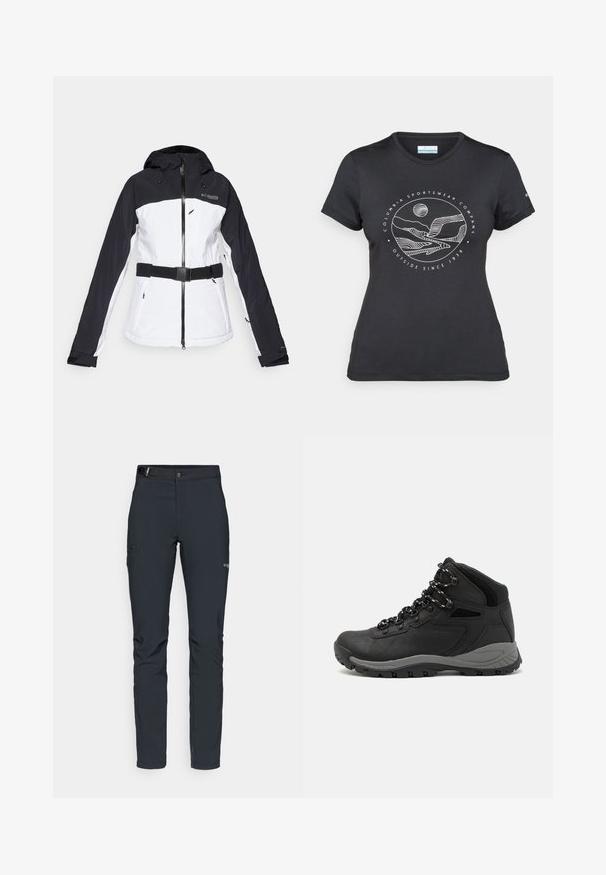 Mustas-valge suusajakk, millel on lukuga eesmine osa, reguleeritav kapuuts, vöödiga talje ja külgedel ning rinna peal lukuga taskud.; Musternine Columbia T-särk mustas värvuses, millel on valge ümmargune mägi ja jõe joonistus ning tekst "Columbia Sportswear Company Outside Since 1938."; Meeste välkpüksid, tumehallid, valmistatud paindlikest materjalidest, vöökohaga, tõmblukuga taskud ja tugevdatud õmblused.; Mustarjaline matkasaabas, millel on keskmine disain, tekstuuriga ülemine osa, hallid aktsendid ja vastupidav kummist põhi, millel on haardelugesid.