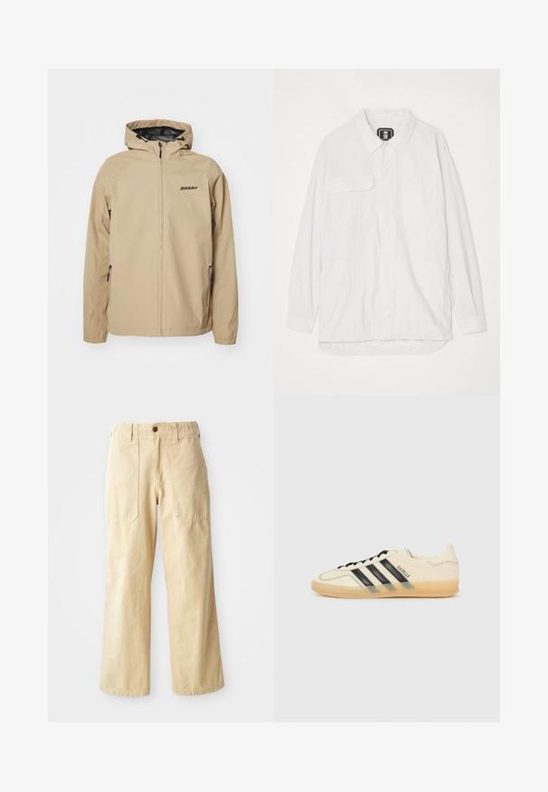 Beige lettvektsjakke med glidelås foran, justerbar hette og sidelommer. Har svart logo på brystet og elastiske mansjetter.; Hvit skjorte med knapp, laget av teksturert stoff, med krage, to frontlommer, og en buet nederkant med en litt lengre bak.; Beige vide benbukser laget av bomull. Har høy midje, to frontlommer med flat design, og en enkelt knappelukking.; Lys kremfarget sneaker med svart tre-stripes design, teksturert overdel, rund tå og gummisåle. Har snøring og merke på siden.
