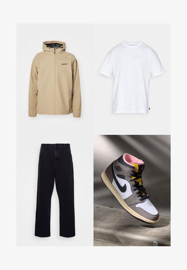 Jachetă bej ușoară, cu fermoar frontal, glugă ajustabilă și buzunare laterale. Include un logo negru pe piept și manșete elestice.; Tricou alb din bumbac, cu mâneci scurte și guler rotund. Prezintă un mic logo Nike, discret, pe piept și o eticheta pe lateral.; Pantaloni din denim negri cu un design drept, dotati cu inchidere cu nasture si fermoar, bucle pentru centura si detalii minime de cusatura.; Sneaker Nike Air Jordan de tip high-top, alb, gri și negru, cu interior roz și limbă galbenă, amplasat pe o suprafață din beton.