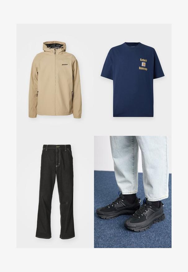 Beige kevyt takki, jossa on vetoketjullinen etuosa, säädettävä huppu ja sivutaskut. Rinnassa musta logo ja elastiset hihansuut.; T-paidat tummansinisestä puuvillasta, joissa on lyhyet hihat. Edessä kultaisella tekstillä "Carhartt University" ja logo-tasku vasemmalla rintapuolella.; Mustat farkut, joissa on löysä istuvuus, erottuva valkoinen ompelu, nappikiinnitys ja suora lahje.; Mustat urheilukengät, joissa on teksturoitu kangas ja kumipohjat, elastiset nauhat ja sininen yksityiskohta kannassa. Yhdistetty vaaleisiin farkkuihin.