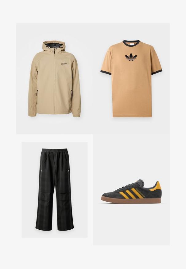 Beige lightweight jacket with a zippered front, adjustable hood, and side pockets. Features black logo on the chest and elastic cuffs.; Tan cotton t-shirt with a black ribbed crew neckline and cuffs. Features a black Adidas logo with three stripes below the logo on the chest.; Black plaid pants featuring an elastic waistband, two front pockets, and a loose fit with a straight leg design. Made from lightweight material.; Black suede sneaker with yellow accents, featuring three stripes and a brown rubber sole. Includes a padded tongue for comfort.