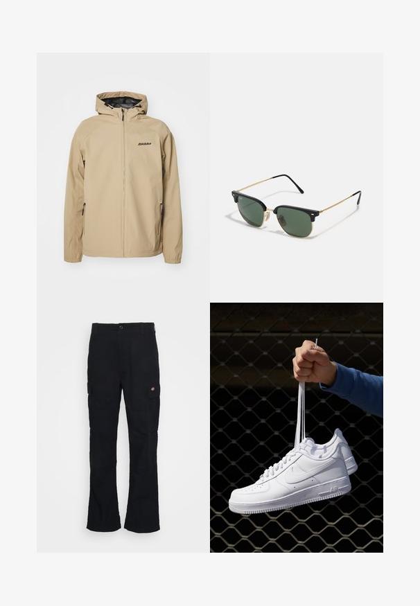 Giacca leggera beige con zip frontale, cappuccio regolabile e tasche laterali. Presenta un logo nero sul petto e polsini elastici.; Maglietta bianca in cotone con maniche corte, scollatura rotonda, vestibilità comoda e senza loghi o motivi visibili. Texture liscia e design minimale.; Pantaloni cargo neri con design a gamba dritta, realizzati in tessuto resistente, con tasche laterali e un logo a patch sul lato sinistro.; Sneakers in pelle bianca con perforazioni, punta rotonda, suola piatta e lacci spessi, con logo swoosh visibile e "AIR" sul tallone.; Occhiali da sole con lenti verdi, montatura superiore in plastica nera, dettagli in metallo dorato e sottili aste nere. Presentano un design del ponte distintivo.