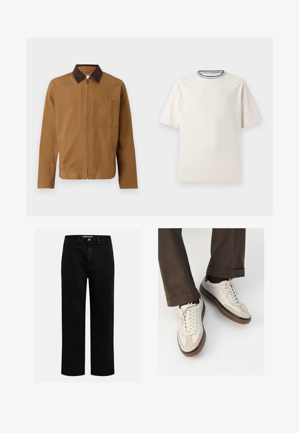 Brown zip-up jacket with a dark brown corduroy collar, long sleeves, and a square chest pocket on the left side.; Cream-colored cotton t-shirt with short sleeves, featuring a round neckline accented by navy and white stripes. Smooth texture, relaxed fit.; Black denim pants with a straight-leg cut, classic five-pocket design, and a button closure at the waist. Smooth texture and durable fabric.; Beige sneakers with a textured suede front, smooth leather sides, and a brown rubber sole. Laces and light stitching detail included.