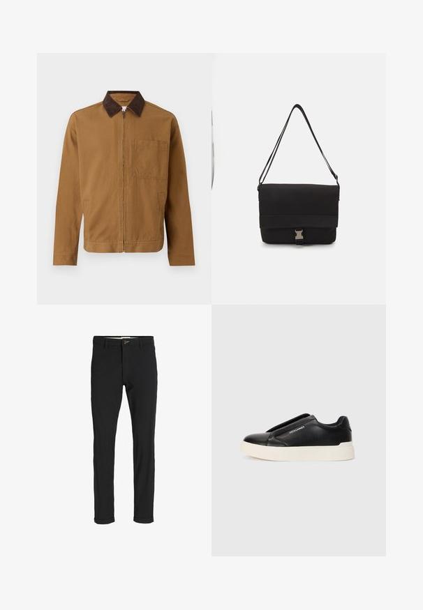Bruine ritsjack met een donkerbruine corduroy kraag, lange mouwen en een vierkant borstzakje aan de linkerkant.; Zwarte katoenen T-shirt met ronde hals. Kenmerkt een beige rechthoekige grafiek en witte tekst, "JAWO," gecentreerd op de voorkant. Korte mouwen.; Zwarte katoenen broek van een katoenmix met een slim fit, voorzien van een knoopsluiting, zakken en opgerolde mouwen voor een casual afwerking.; Zwarte slip-on sneaker met een gestructureerde leren bovenkant, witte rubberen zool en geen zichtbare veters. Beschikt over het merkembleem aan de zijkant.; Zwarte schoudertas van glad materiaal, met een omklapflap, zilveren sluiting en een verstelbare schouderband.