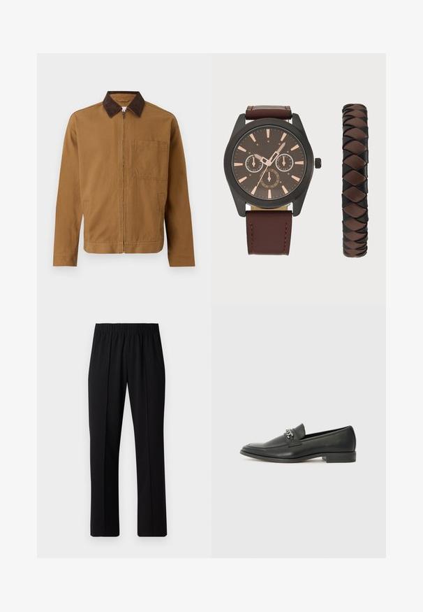Bruine ritsjack met een donkerbruine corduroy kraag, lange mouwen en een vierkant borstzakje aan de linkerkant.; Twee zwarte polo shirts, met korte mouwen, van katoen, met een klassieke kraag, een knoopsluiting met twee knopen en witte gestreepte accenten aan de binnenkant van de kraag.; Zwarte, elastische broek met rechte pijpen, met een gladde textuur en zonder zichtbare patronen of hardware.; Zwarte leren instapper met een gladde afwerking, voorzien van een gestikt ontwerp en een decoratieve metalen kettingaccent over de wreef. Platte hak.; Pier One SET - Horloge - black/brown