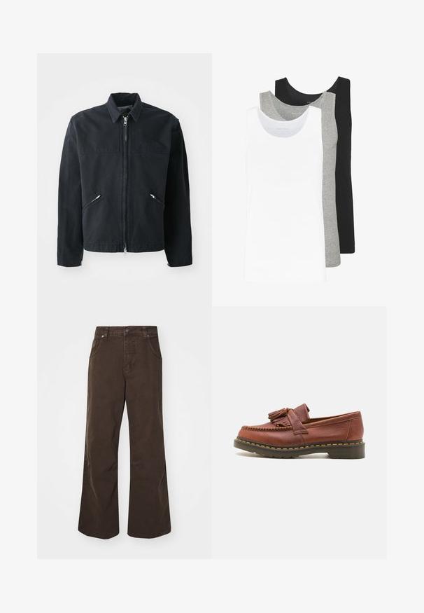 Svart hettejakke med en kroppsnær design, to frontlommer, ståkrage og textured stoff. Har en logo på venstre side.; Tre tank topper i hvit, grå og svart. Hver av dem har et klassisk ermeløst design, laget av lett bomullsstoff med en ribbestruktur.; Brune vidde bukser laget av bomull, med høy midje, frontlommer og en glatt tekstur. Avslutningen inkluderer subtile sømdetaljer.; Brune lærmokassin med frynser, teksturert overflate og kontrastfylt gul søm langs den svarte gummisålen. Sideutsikt.