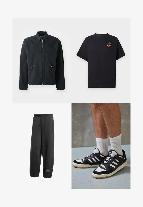 Sort zip-up jakke med en tætsiddende design, to forlommer, opretstående krave og en tekstureret stof. Har et logo på venstre side.; Sort bomulds T-shirt med korte ærmer, der har et grønt og rødt Adidas-logo design på brystet. Enkel, afslappet pasform.; Sorte sweatpants med en afslappet pasform, elastisk talje, snørelukning, sidelommer og tre diskrete horisontale striber ved anklen.; Sorte og hvide sneakers med en overdel i ruskind og læder, der har tre hvide striber, en perforeret tå og en sål i gummigummi.