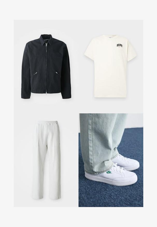 Jachetă neagră cu fermoar, cu un design ajustat, două buzunare frontale, guler înalt și un material texturat. Prezintă un logo pe partea stângă.; T-shirt din bumbac de culoare crem, cu mâneci scurte, având inscripția "NIKE SB" în text negru și roșu pe piept. Guler standard, de formă rotundă.; Pantaloni albi casual cu talie elastică și buzunare mari în față, expuși pe un fundal simplu deschis.; Adidași din piele albă cu logo-ul Nike verde, vârf rotund, talpă plată, asortați cu pantaloni din denim bleu deschis, prezentați pe un covor albastru.