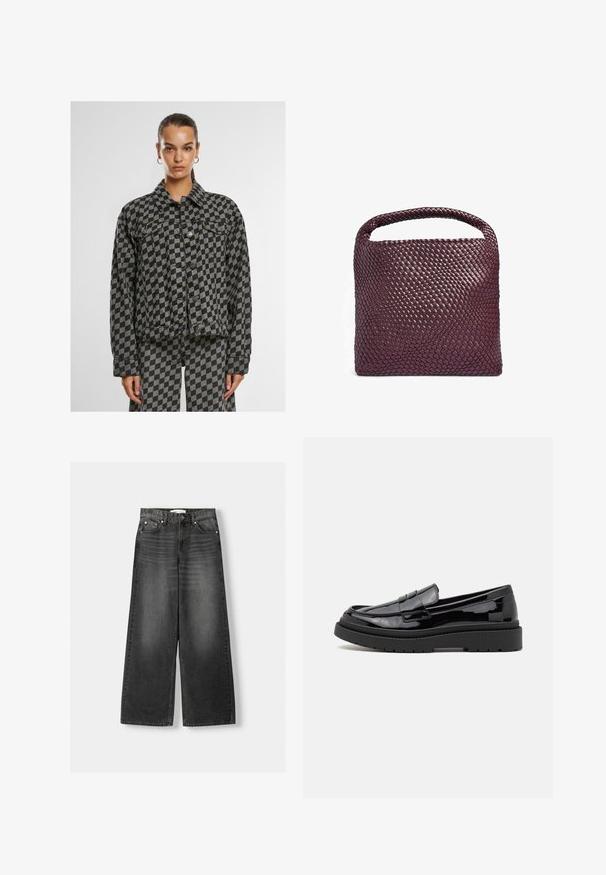 Giacca in denim a scacchi nera e grigia con colletto, chiusure con bottoni, tasche sul petto e maniche lunghe, presenta una vestibilità boxy e un tessuto texturizzato.; Top nero, scollato sulle spalle, con un design aderente, orlo asimmetrico e tessuto morbido e liscio. Presenta tessuto arricciato all'escursionismo.; Jeans a gamba larga e vita alta in denim grigio scuro. Presentano cinque tasche, rivetti in metallo e passanti per cintura. Tessuto liscio con una leggera scoloritura.; Mocassini neri in pelle verniciata con punta arrotondata, una cintura decorativa e una spessa suola in gomma nera. Texture liscia e lucida con cuciture minime.; Borsa a mano in pelle intrecciata di un profondo bordeaux, forma quadrata con manico arrotondato e superficie con motivo testurizzato. Design minimalista.