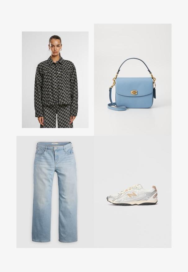 Chaqueta de denim a cuadros en negro y gris con cuello, cierres de botones, bolsillos en el pecho y mangas largas, que presenta un corte cuadrado y una tela texturizada.; Camiseta blanca de manga corta, con cuello redondo, hecha de un suave y liso tejido de algodón, con un dobladillo recto y un detalle mínimo. Diseño sencillo y versátil.; Pantalones vaqueros de pierna ancha de color azul claro, confeccionados en denim. Con una cintura alta, cinco bolsillos y costuras de contraste. Textura suave con un acabado desgastado.; Zapatilla deportiva en gris claro con detalles plateados, parte superior de malla, detalles en beige y suela de goma negra. Cuenta con cordones y un collar acolchado.; COACH CASSIE CROSSBODY BAG - Bolso de mano - blue