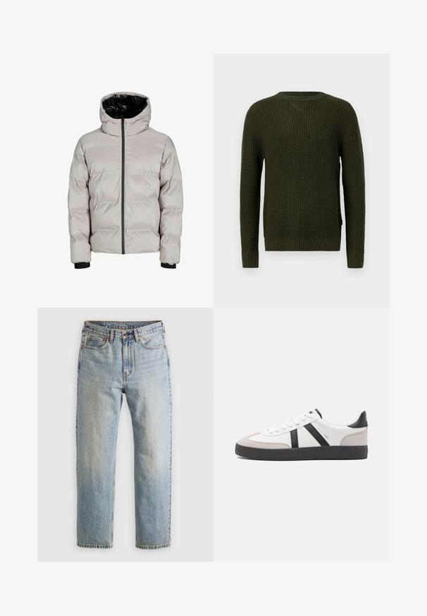 Light gray puffer jacket with a black hood interior, front zip closure, and ribbed cuffs. Features a quilted design for insulation.; Olive green knitted sweater with a round neckline, long sleeves, and ribbed cuffs. Features a textured pattern and a relaxed fit.; Light blue denim jeans with high waist, front button, zipper, and five-pocket design, laid flat on a neutral background.; White sneaker with black and gray accents, featuring a textured gray toe cap, black rubber sole, and flat white laces. Clean design, minimalist style.