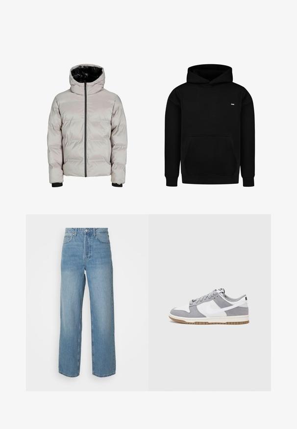Lichtgrijze pufferjack met een zwarte binnenkant van de capuchon, voorritssluiting en ribbenmanchetten. Heeft een gestikte design voor isolatie.; Zwarte hoodie gemaakt van een katoenmengsel, met een zak aan de voorkant, geribbelde zoom en manchetten, en een klein logo op de borst.; Hoge taille lichtblauwe denim jeans met rechte pijpen, sluiting met een knoop aan de voorkant en vijf zakken, op een effen achtergrond.; Grijze en witte sneaker met een bovenwerk van suede en leer, ronde neus, platte veters en een rubberen zool met een gumaccent.