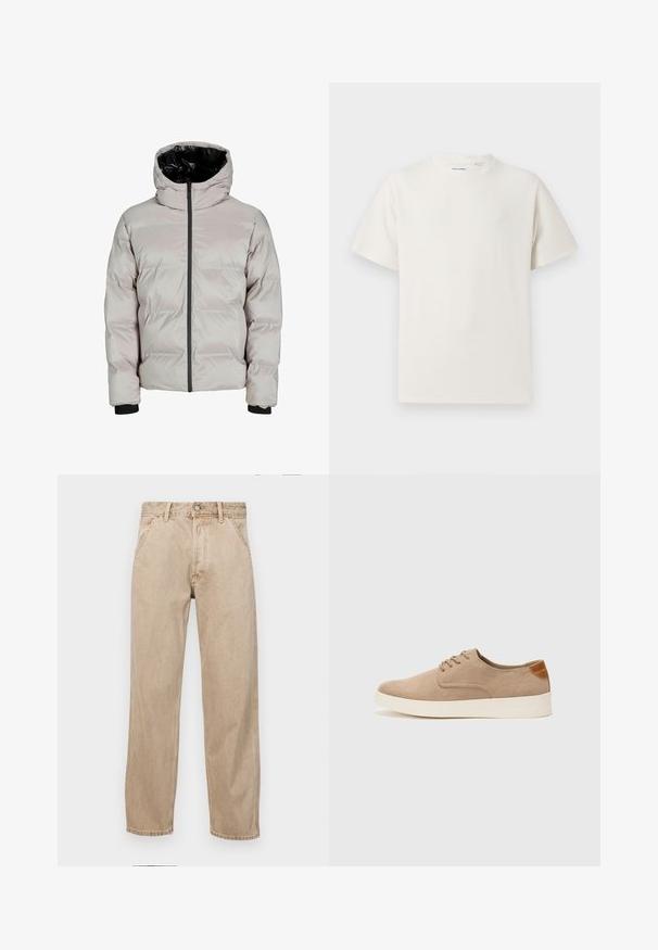 Giacca puffer grigia chiara con interno della felpa nera, chiusura frontale con zipper e polsini a costine. Presenta un design trapuntato per l'isolamento.; T-shirt bianca a maniche corte in texture a coste. Girocollo, vestibilità rilassata, senza modelli o accenti visibili. Design semplice e versatile.; Jeans in denim beige con un design a gamba dritta, dotati di tasche frontali, chiusura con bottone metallico e una texture delicata.; Sneaker in suede beige con punta arrotondata, stringhe davanti e un accento testurizzato sul retro. La suola in gomma bianca offre un contrasto. Design semplice e moderno.