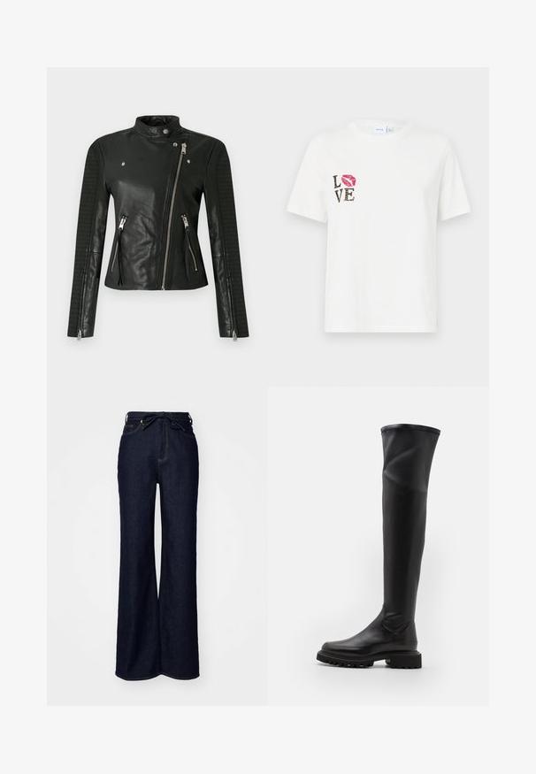 Black leather motorcycle jacket with a stand collar, asymmetrical zipper, and ribbed detailing on sleeves; features two front zip pockets.; White cotton t-shirt with short sleeves. Features "LOVE" text in black and animal print, and a red lip print on the left side.; Dark blue wide-leg jeans made of denim, featuring a high waist, front pockets, and a tie closure at the waist.; Black over-the-knee boots with smooth synthetic material, chunky sole, and rounded toe. Feature a seamless design and tall, flexible shaft.