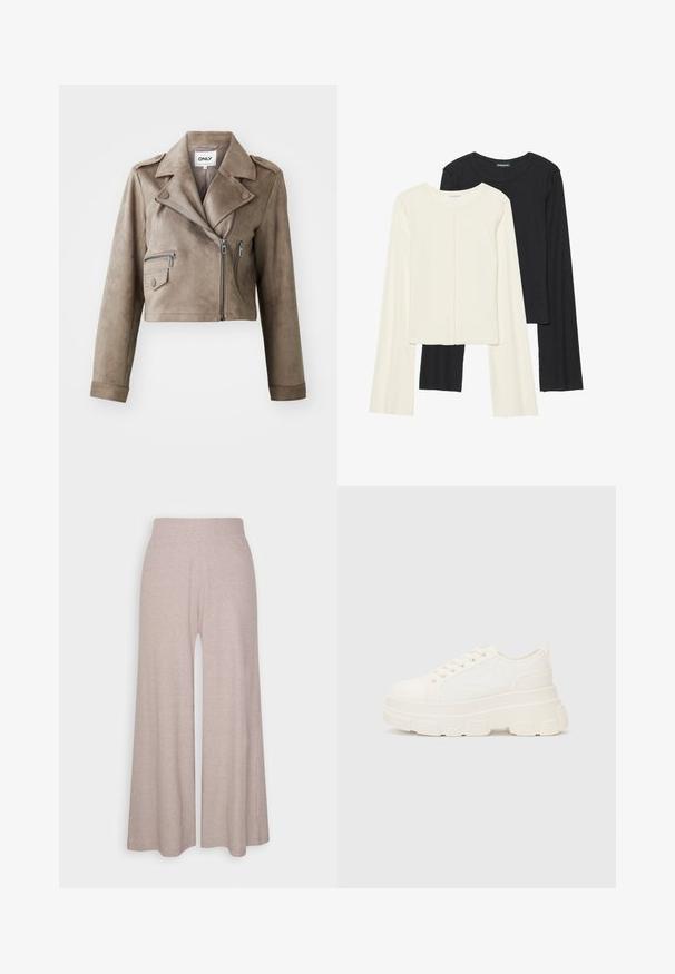 Ruda dirbtinė oda trumpa motociklininko striukė su užtrauktuku priekyje, petiniais epauletais ir dviem užtrauktukais uždaromomis kišenėmis. Textūruotas matinio paviršiaus apdaila.; Dviejų ilgomis rankovėmis marškinėlių rinkinys, baltas ir juodas. Raukšlėta tekstūra, apvalus kaklas, prigludusi forma su šiek tiek platėjančiomis rankovėmis.; Šviesiai pilki plačios kojų kelniai, pagaminti iš minkštos, ruoželinės medžiagos, su aukštu liemeniu ir pilno ilgio kojomis, švelnia tekstūra.; Balti drobės sportbačiai su storu padu, apvalia nosimi ir penkiomis akytėmis raištams. Gale yra kilputė, kad būtų lengva užsidėti. Sklandus paviršius, minimalistinis dizainas.