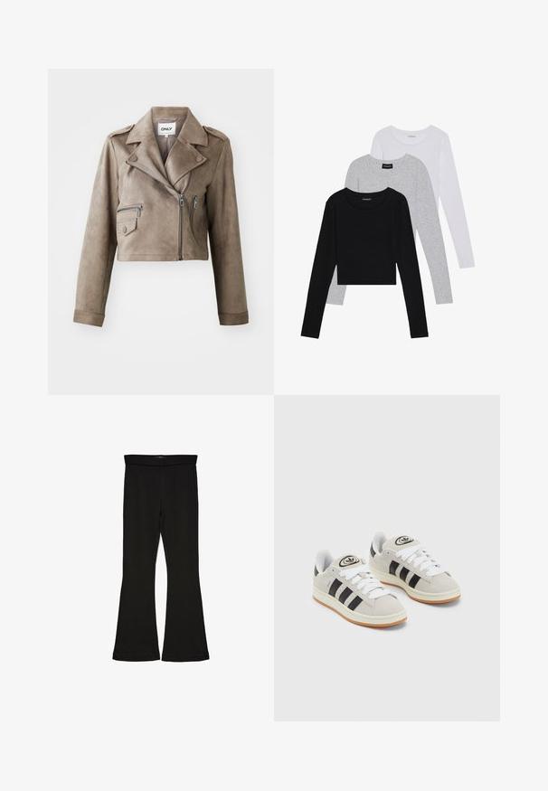 Giacca biker cropped in ecopelle marrone con zip frontale, spalline e due tasche con zip. Finitura opaca texture.; Tre magliette a maniche lunghe impilate: nera, grigia e bianca. Ognuna ha un colletto rotondo e un design accorciato con tessuto morbido e leggero.; Leggings a zampa nera realizzati in un tessuto elasticizzato. Presentano una vita alta e una superficie liscia, con una silhouette aderente che si ampia all'orlo.; Sneakers in suede grigio con lacci bianchi, strisce nere e suola in gomma bianca. Presentano un logo circolare sulla linguetta e una suola in gomma.