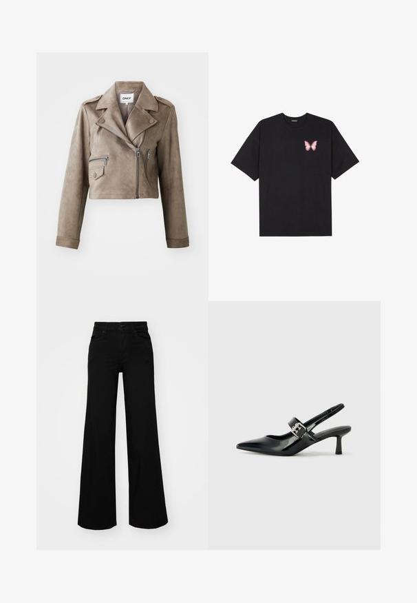 Pruun kunstnahk, lühike mootorratturi jakk, millel on lukuga esikülg, õlavarre epauletid ja kaks lukuga taskut. Tekstsuur matte viimistlus.; Must muströöpidega must puuvillane T-särk, vasakul rinnal on väike roosa liblikas. Ümar kaelus ja vabalt istuv lõige.; Mustad mustad püksid, mis on valmistatud denimist, struktuurse vöökohtade, vöökootidega ja esikottidega. Sile tekstuur klassikalise disainiga.; Mustad patenteeritud nahast sildiga kontsad, millel on terav nina ja väike plokk-konts, mille rihmal on hõbedane pandla aksessuaar.